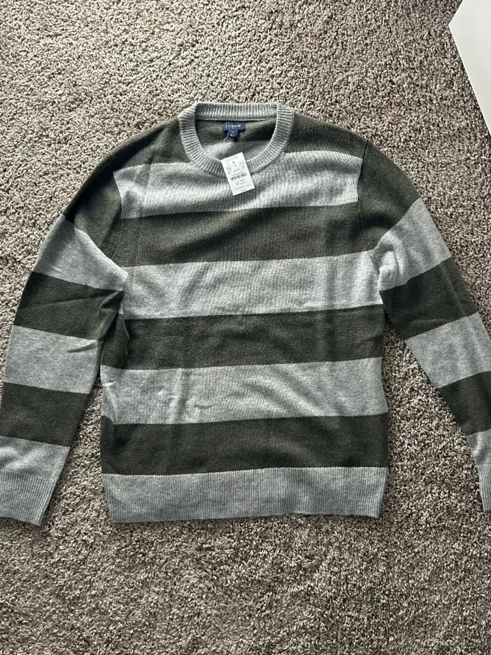 NWT J.Crew Men's Striped Crewneck Sweater Olive Green Grey Size Medium